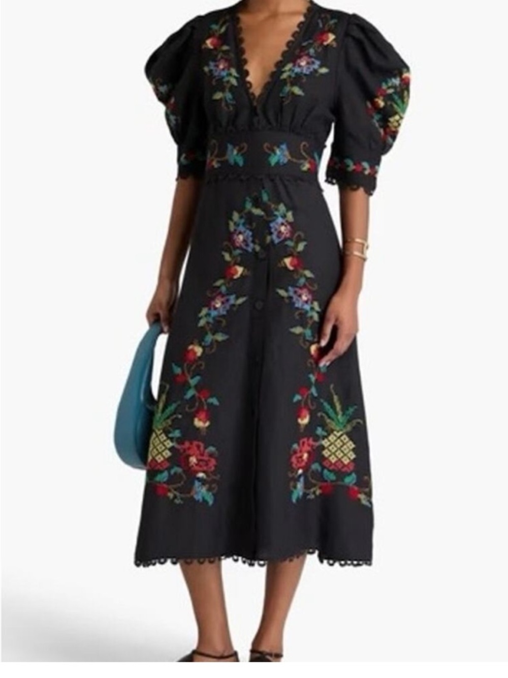 FARM Rio Black Embroidered V-Neck Puff-Sleeve Midi Dress
